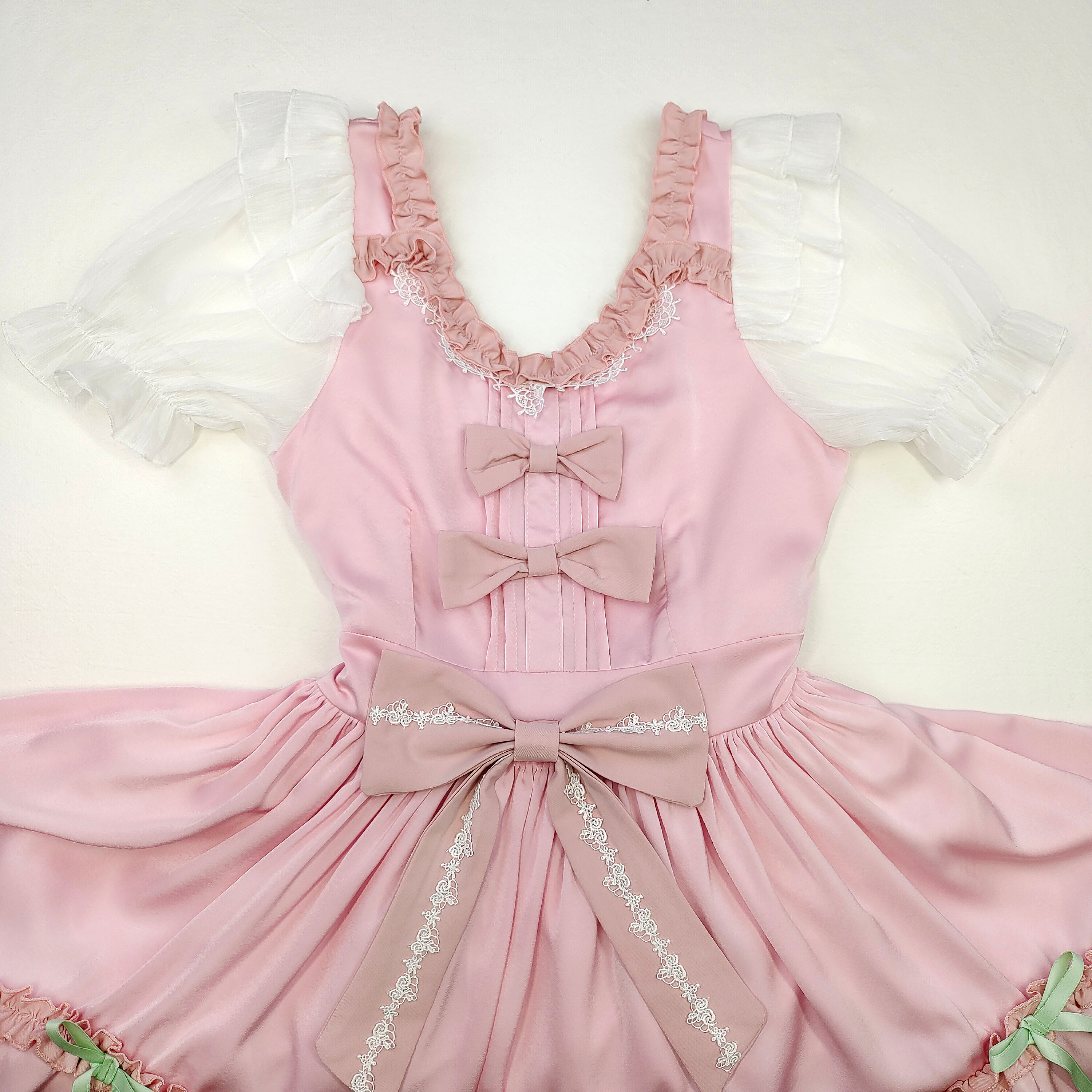 Sweet Lolita Pink Dress Ruffle Layered Princess JSK with Bows and Puff Sleeves